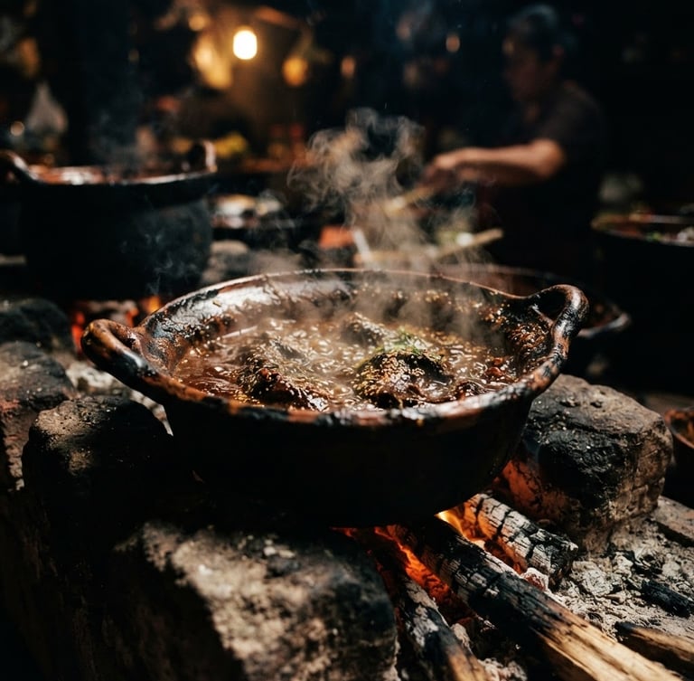 Close-up of a steaming clay pot of mole on a rustic hearth in Oaxaca, high-contrast chiaroscuro lighting, rich dark tones, 35mm film grain