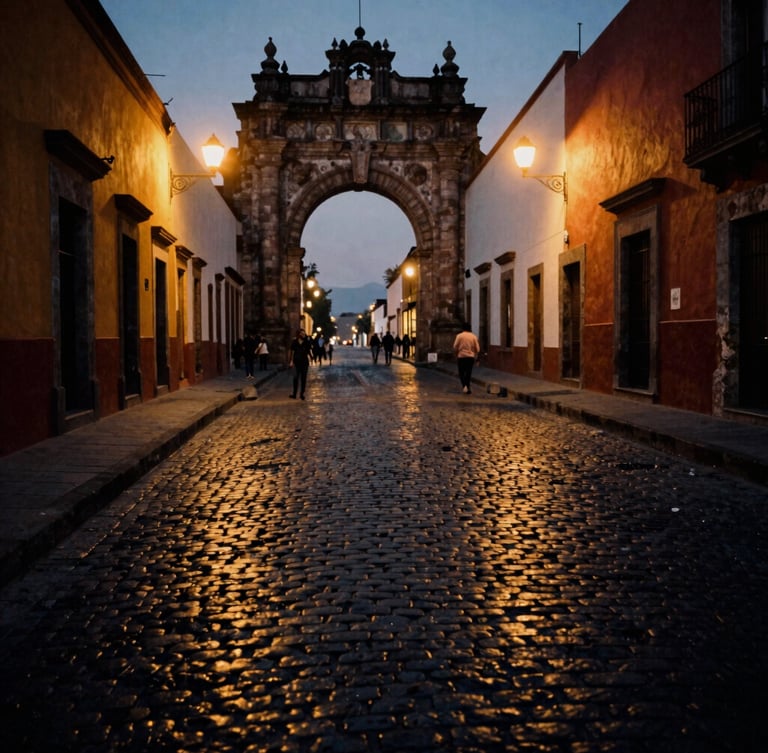 Candid street scene in Querétaro at dusk, warm streetlights reflecting on cobblestones, historic stone archway in the background, high contrast shadows, 35mm film grain