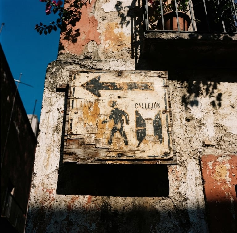 Close-up of a rustic, hand-painted street sign on a textured plaster wall in Mexico City, harsh midday shadows, high-contrast chiaroscuro, warm tones.