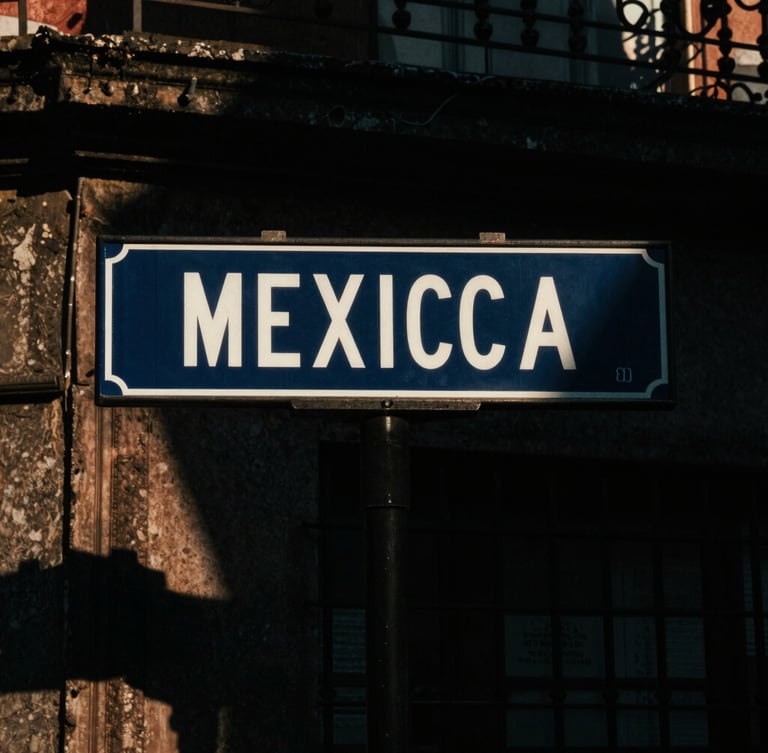 Close-up of hand-painted street sign in Mexico City, high-contrast chiaroscuro lighting, deep shadows, gritty film grain