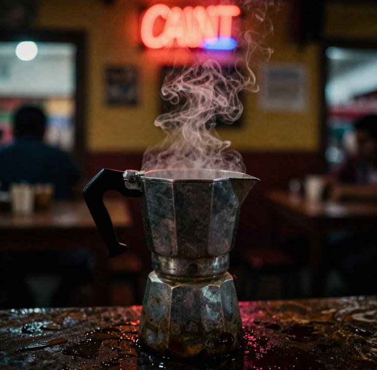 Intimate close-up of a steaming coffee pot inside a traditional Mexican cantina, low-light neon glow, deep shadows, rich dark tones.