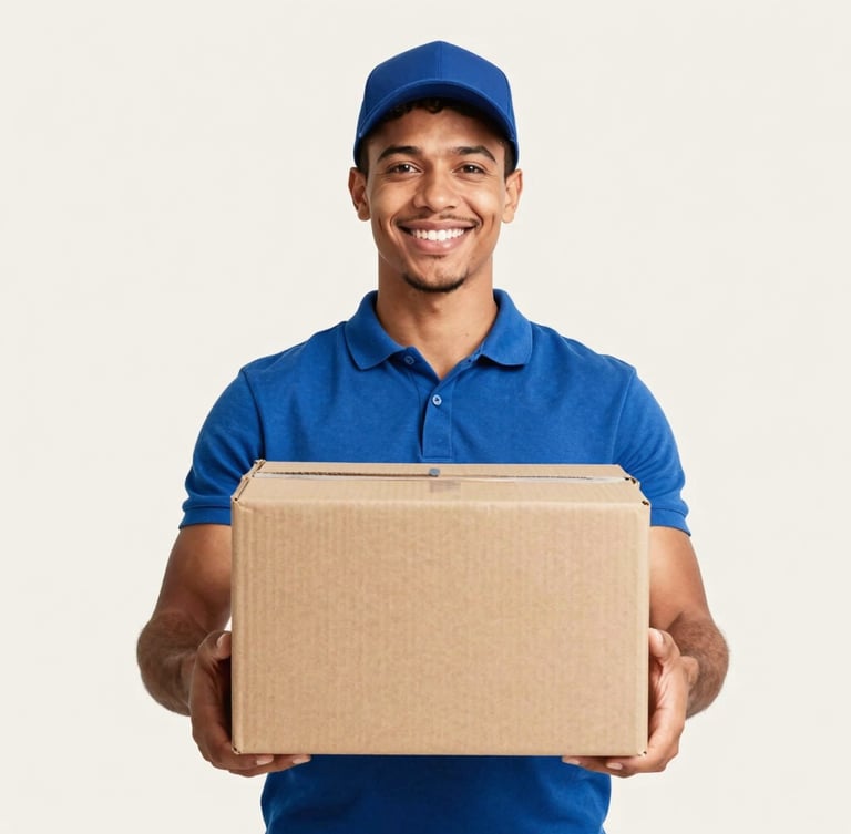 Bright high-key portrait of a happy Brazilian customer holding a delivered brown cardboard package with a smile, clean off-white background, crisp studio lighting, sharp focus, professional e-commerce style.