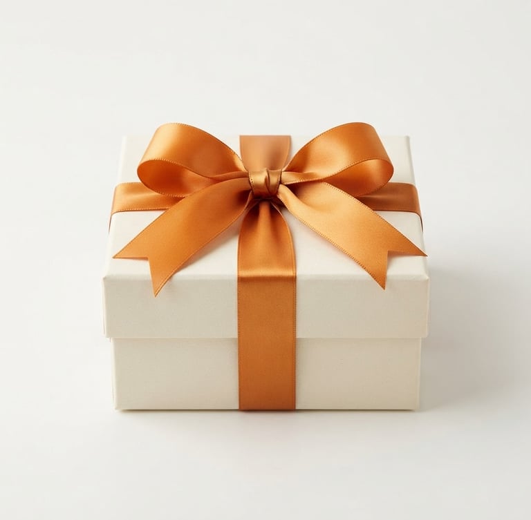 Bright high-key studio shot of a beautifully arranged gift box with an amber ribbon, clean off-white background, professional e-commerce style, crisp lighting