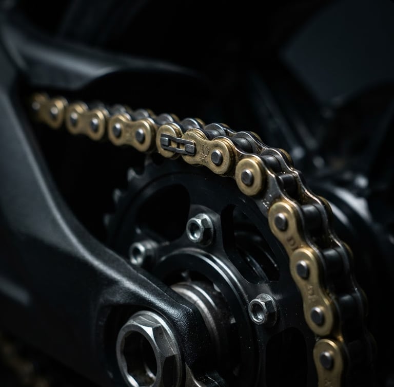 Close-up of a high-performance motorcycle chain and rear sprocket, dramatic metallic reflections under sharp studio lighting, dark moody background, 85mm