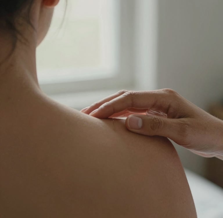 Close-up of therapeutic touch on a shoulder, showing professional boundary, care, soft natural lighting, muted earthy tones.