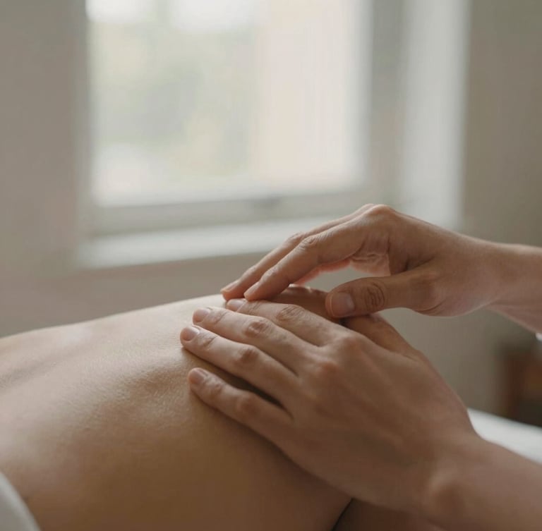 Hands-on professional therapeutic touch on a shoulder, soft natural window light, warm tone, shallow depth of field, 35mm photography