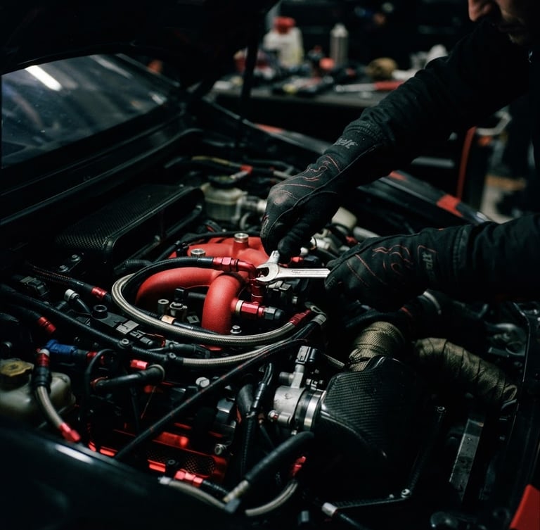 Close-up shot of a mechanic's hands in black racing gloves, adjusting a high-performance engine bay, dramatic moody garage lighting with strong directional key light, deep shadows, 35mm.