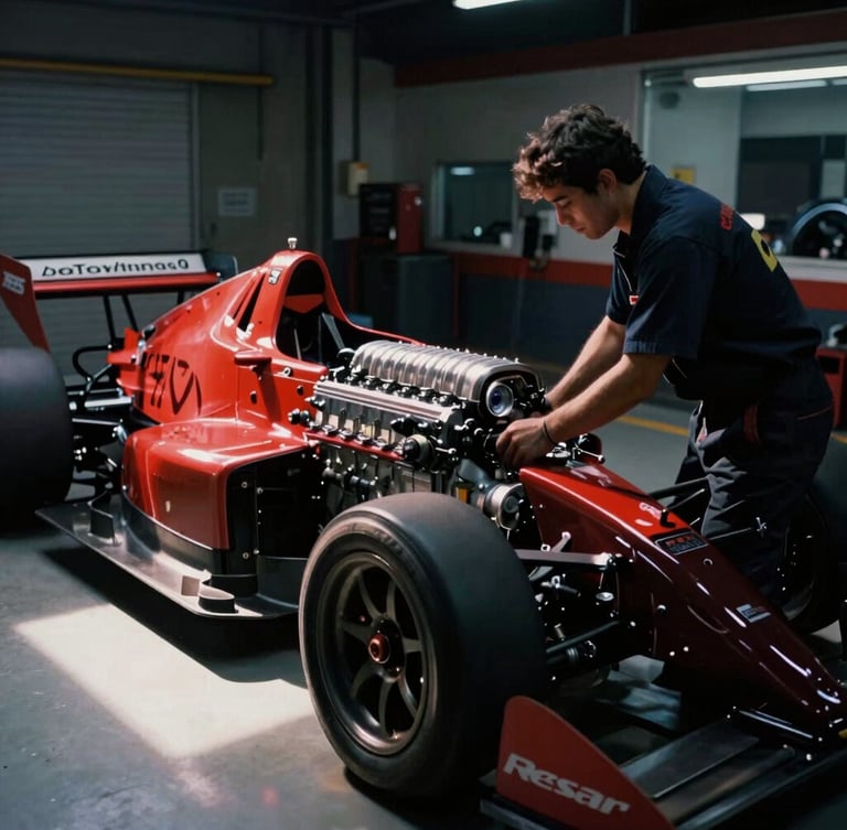 Mechanic in matching gear working on a race car engine in a high-tech garage, moody lighting, strong directional key light