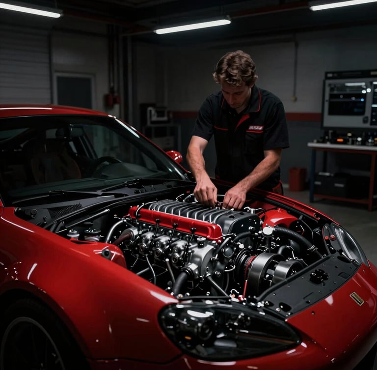 Dramatic motorsports photography, moody garage lighting with strong directional key lights illuminating a clean, technical engine bay and a mechanic in matching gear, deep shadows, 35mm