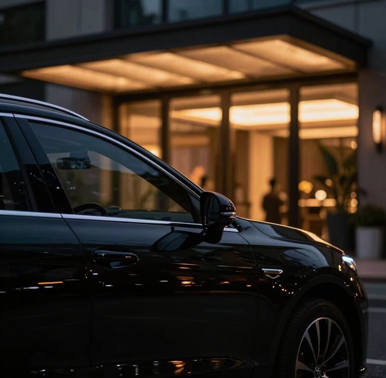 Low-key, cinematic night photography of a polished luxury vehicle silhouette catching warm twilight reflections outside an elegant venue facade, shallow depth of field.