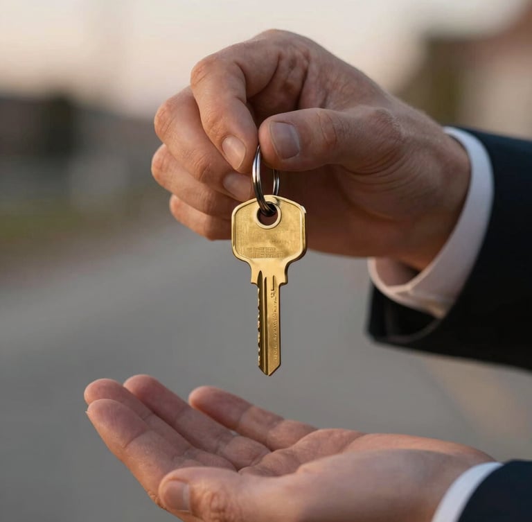 Tight detail shot of hands exchanging a polished brass key tag, warm twilight lighting, shallow depth of field, sharp focus on the metallic texture, dark tailored uniform sleeve visible.