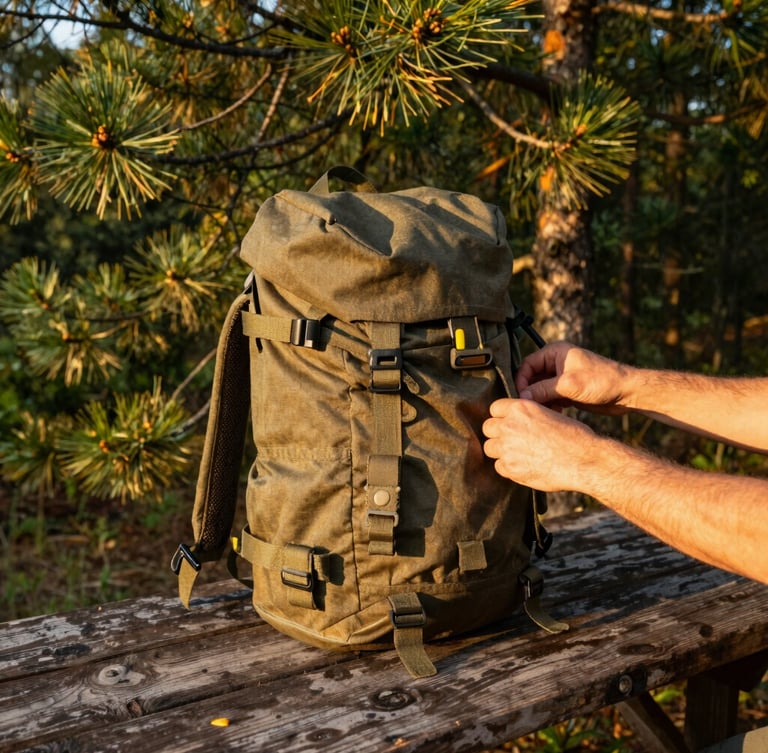Close-up of hands adjusting a rugged canvas rucksack on a weathered wooden camp table, golden-hour sunlight filtering through pine needles, 35mm.