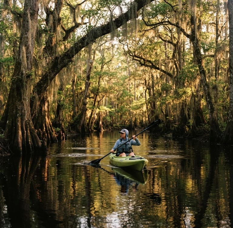 A kayaker paddling down a narrow, pristine blackwater river lined with ancient cypress trees draped in Spanish moss, golden-hour sunlight filtering through the canopy, 35mm photography.