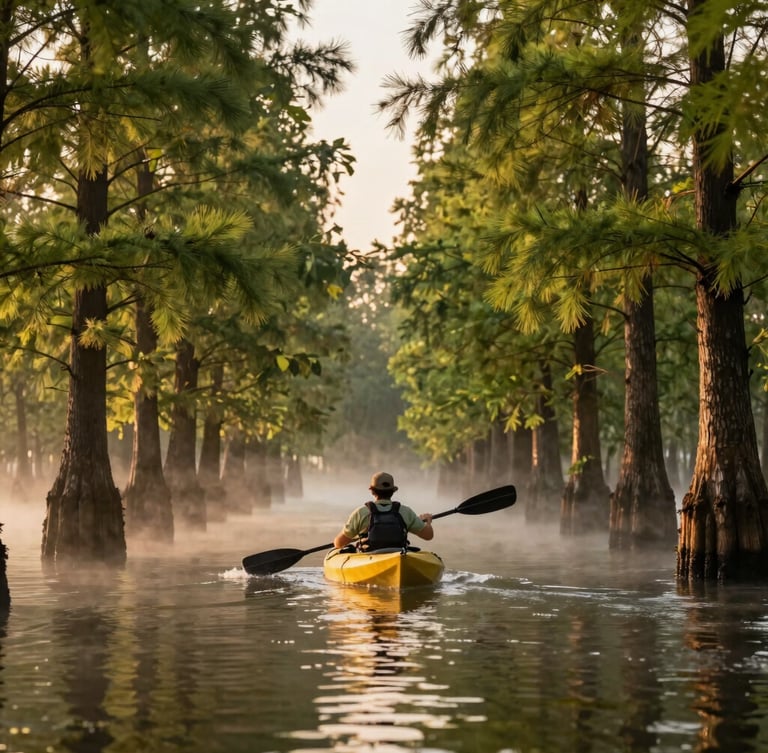Warm editorial outdoor photography of a traveler kayaking through a misty cypress swamp at golden hour, 35mm