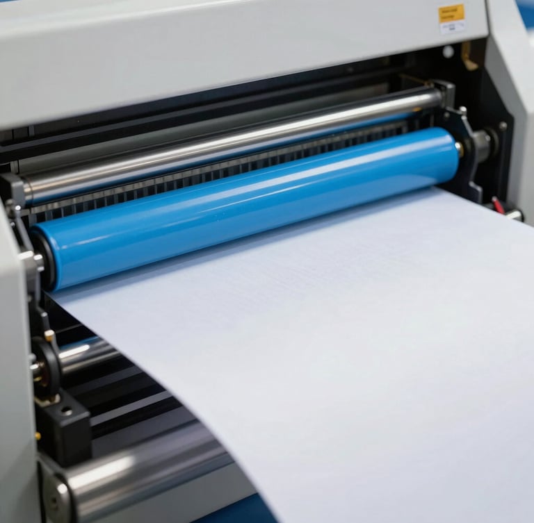 Macro close-up of a high-speed offset printing press in action, bright cyan ink rollers, sharp focus on freshly printed paper sheets, bright industrial lighting, 35mm