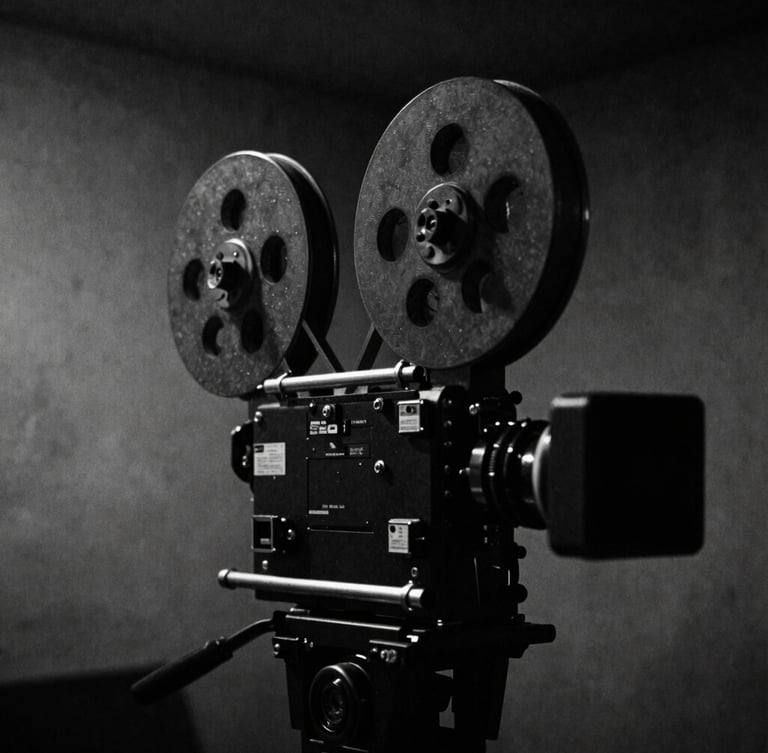 Grainy black and white 35mm film close-up of a movie camera rig in a dark, concrete room, harsh chiaroscuro lighting, raw texture.