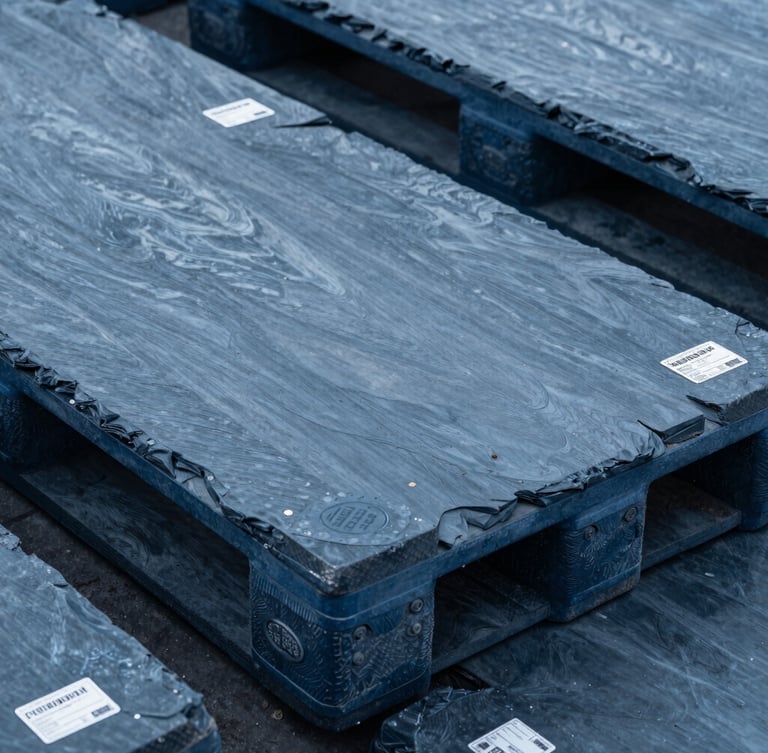 Close-up of secured industrial pallets with customs clearance seals, sharp focus, cool slate tones.