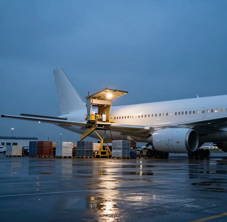 Dramatic night-time industrial lighting on a cargo plane loading heavy pallets on a wet tarmac, wide environmental shot, cool blue and slate tones