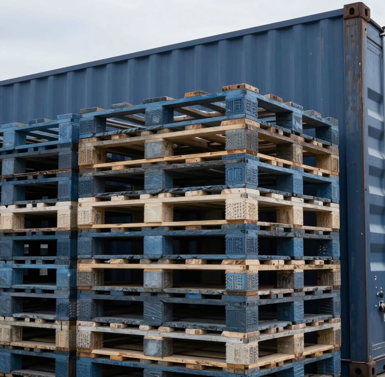 Close-up of secured industrial cargo pallets stacked inside a massive steel ocean container, soft industrial lighting, cool slate tones.