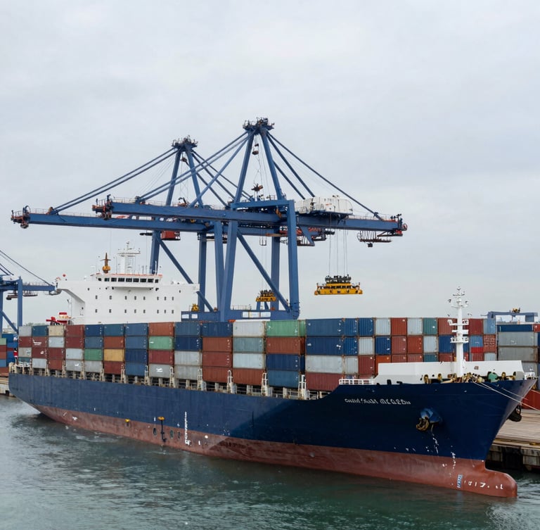 Wide-angle overhead shot of a massive container ship docked at a port, towering blue cranes loading cargo grids under cool overcast daylight.