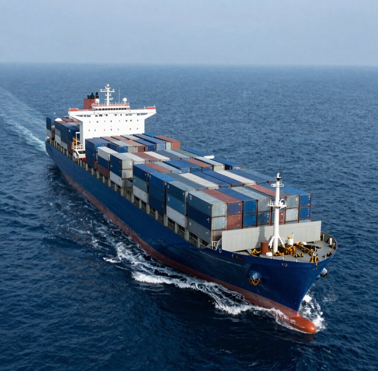 Wide-angle overhead shot of a massive container ship loaded with blue and gray cargo containers navigating the deep blue open ocean under cool overcast daylight.