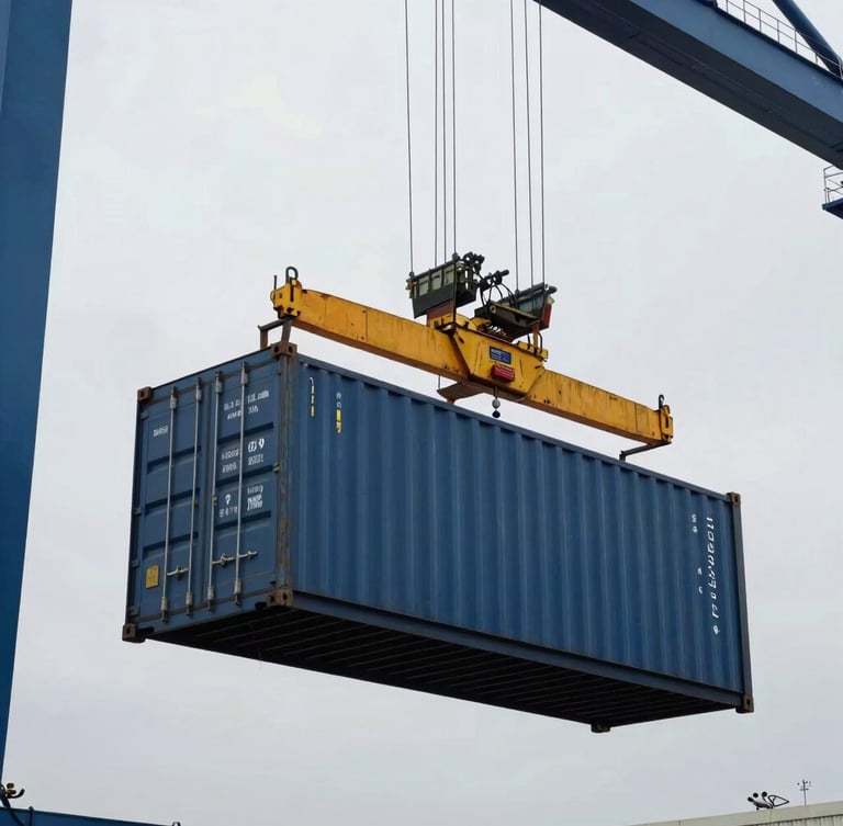 Industrial port crane lifting a heavy blue shipping container, dramatic overcast daylight, sharp focus, wide-angle lens