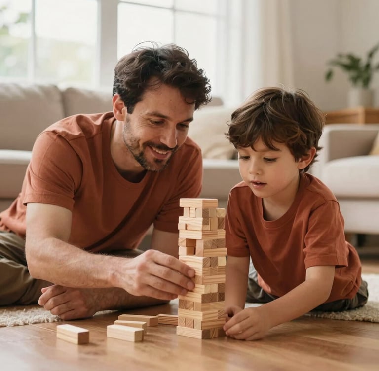Candid medium shot of a father and young son building a wooden block tower on a living room floor, soft natural daylight, warm terracotta tones, 35mm