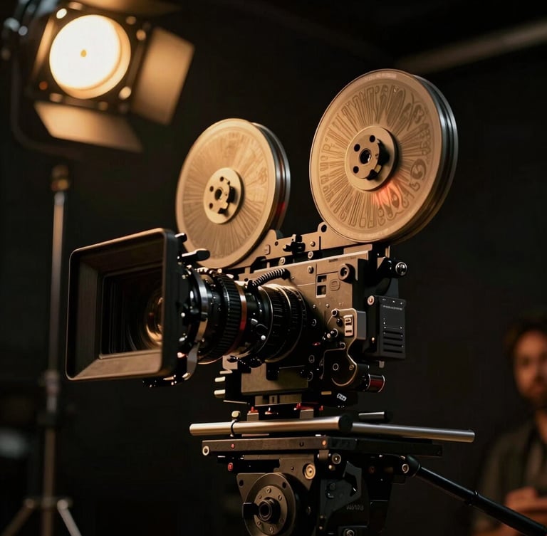 Low-angle cinematic shot of an anamorphic film camera on a professional set, dramatic golden spotlights, deep shadows, premium production environment.