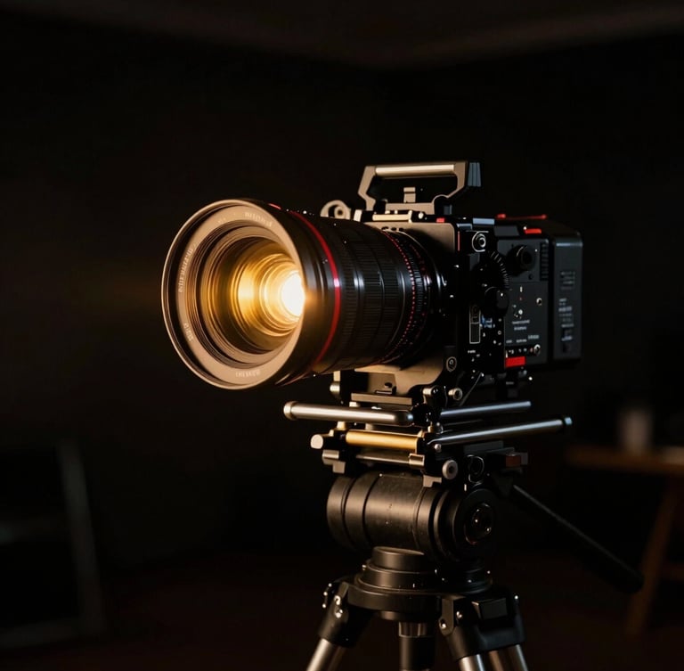 Anamorphic wide shot of a professional film set, high-contrast low-key lighting, golden spotlight flaring on a high-end camera lens, deep shadows.