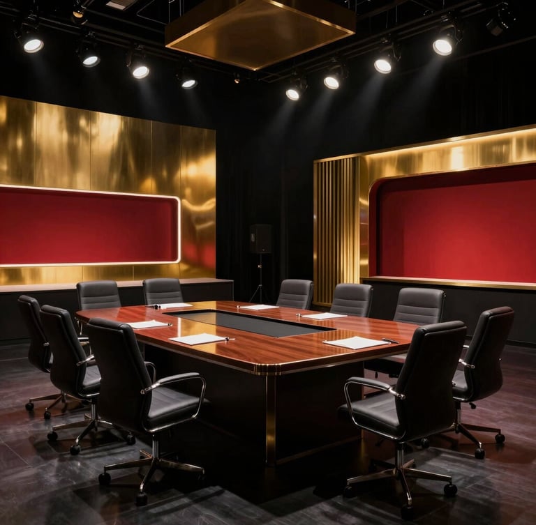 Sleek executive boardroom overlooking a cinematic studio stage, high-contrast dramatic lighting, deep shadows with metallic gold accents.