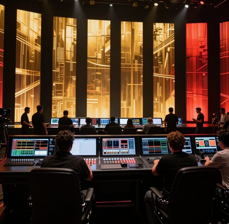Wide anamorphic shot of an entertainment production team behind a massive digital control console, glowing gold and crimson screens, dark studio environment.