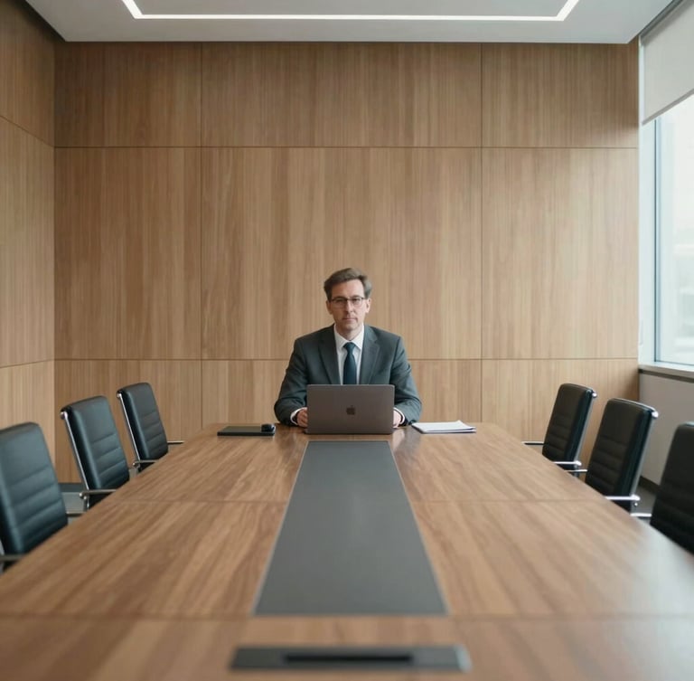 Symmetrical medium shot of a quiet executive boardroom with structured wood paneling, clean natural daylight, desaturated cool tones