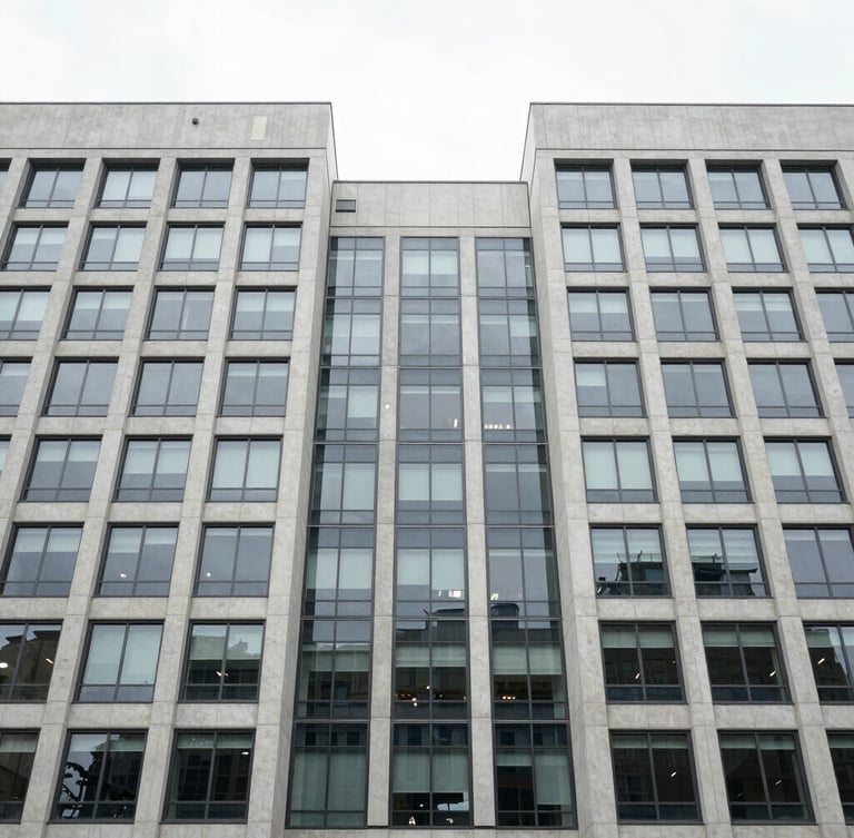 Symmetrical wide-angle architectural shot of a modern corporate headquarters facade, clean concrete and glass panels, overcast daylight, desaturated cool tones