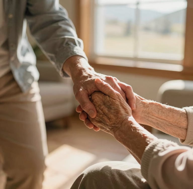 Close-up of a caregiver's hand gently holding an elderly woman's hand in a sunlit Colorado living room, soft golden-hour window light, shallow depth of field, 35mm photography.