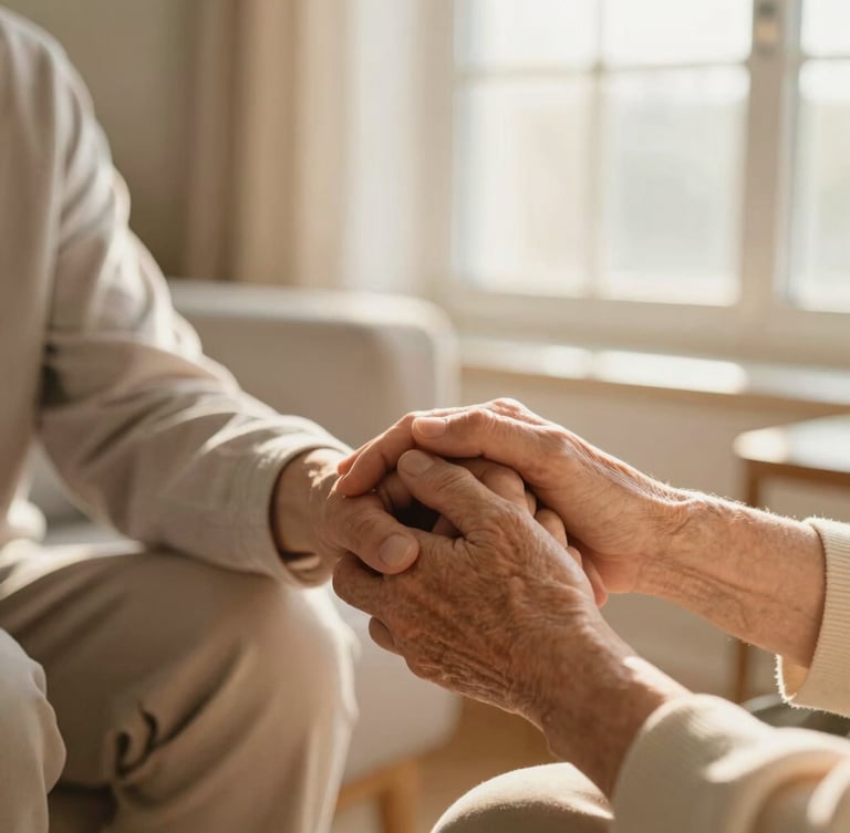 A warm medium close-up of a caregiver holding an elderly person's hand in a sunlit living room, soft golden-hour window light, shallow depth of field, 35mm