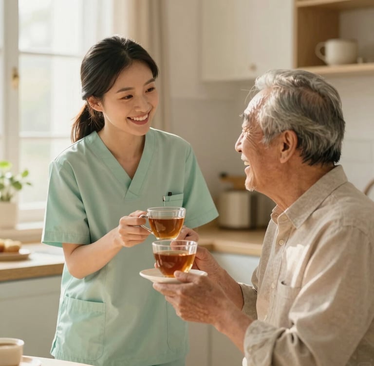A warm, smiling female caregiver in a soft green shirt sitting next to an elderly man, sharing a laugh over a cup of tea in a cozy kitchen, soft morning light, 35mm.