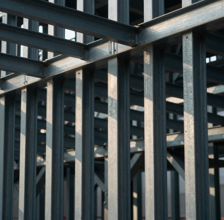 Architectural close-up of structural framing and steel columns, dramatic shadows, cool diffuse daylight.