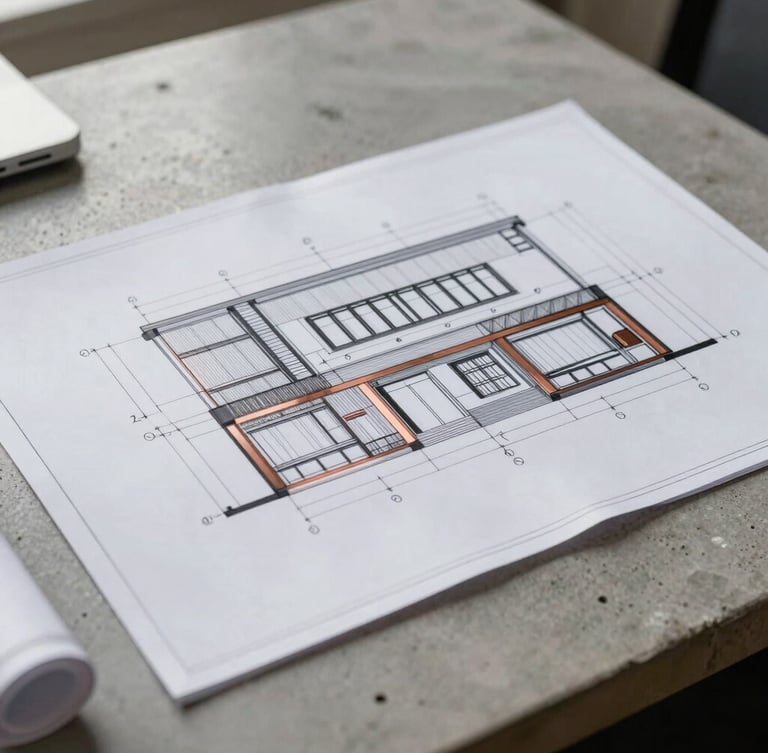 Architectural close-up of technical blueprint drawings on a heavy concrete desk, soft north daylight highlighting clean lines and structural schematics, copper accents.