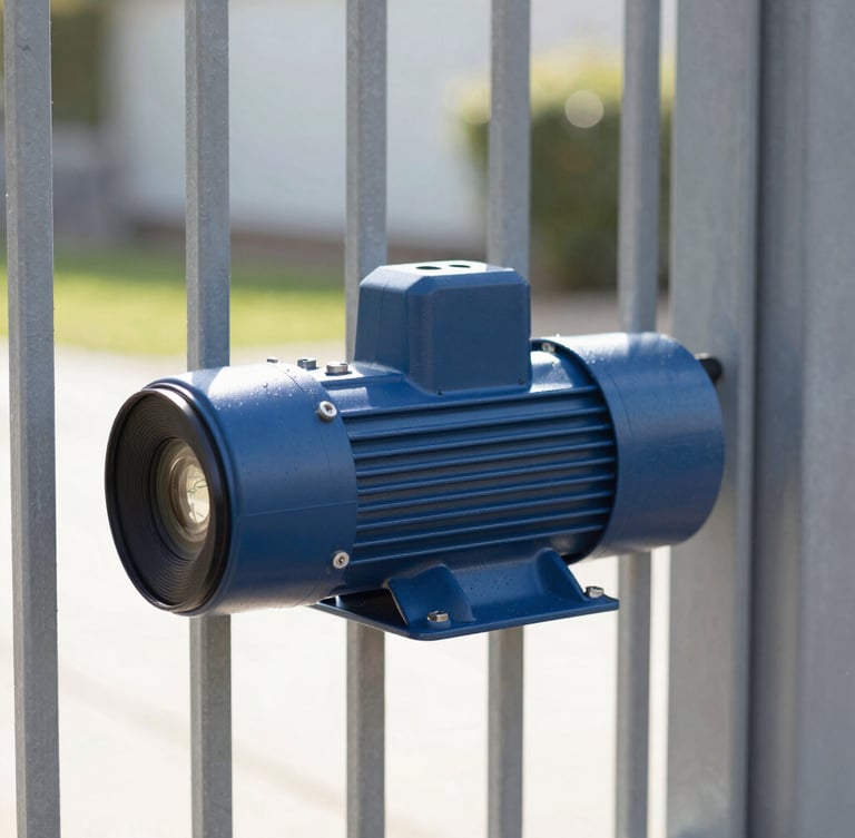 Close-up of a robust modern gate motor in action, clean installation on a steel gate, bright natural morning light, sharp focus