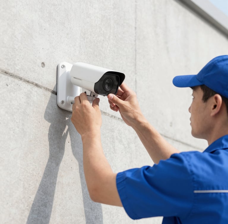 Bright morning daylight, close-up of a professional technician in a clean blue uniform installing a modern security camera on a clean concrete wall, sharp focus, 35mm lens