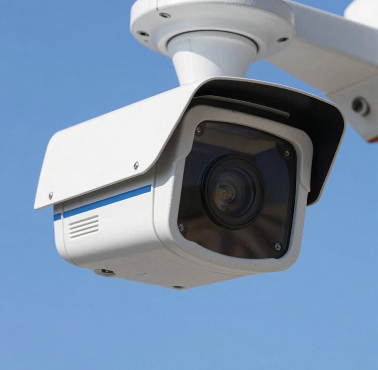 Close-up of a high-tech security camera in bright daylight, sharp focus on the glass lens, clean metal housing, deep blue sky in background