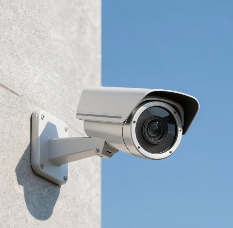 Close-up of a modern security camera mounted on a clean concrete wall, bright morning light, sharp focus on the metallic lens casing, deep blue sky in the background