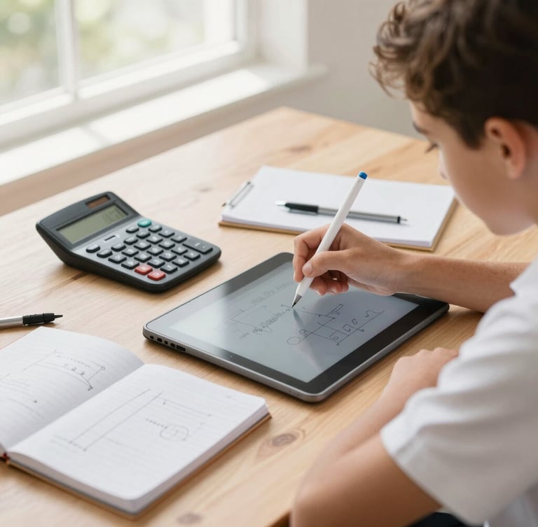 Overhead 35mm photograph of a South African high school student actively writing on a digital tablet with a stylus. Graphing calculator, open notebook with hand-drawn physics diagrams, and pens sit neatly on a clean wooden desk. Bright natural daylight streaming in from a window, soft focus background, warm editorial tone.