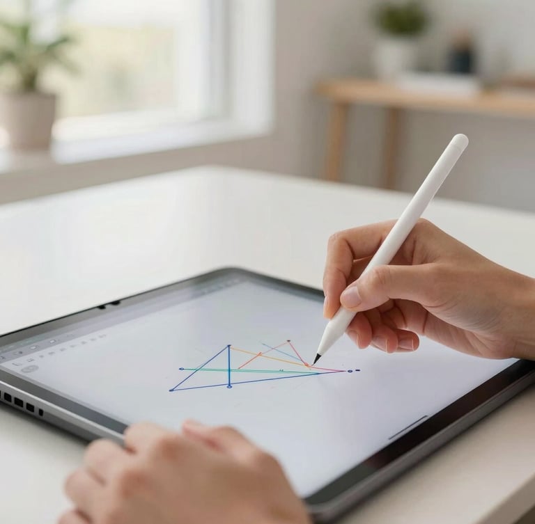 Close-up of hands drawing a colorful geometry proof on a digital tablet with a stylus, bright natural South African daylight, soft focus background, 35mm