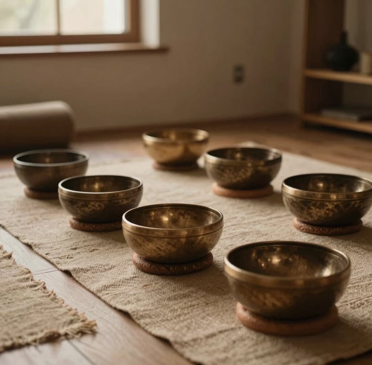 Wide shot of a quiet, earth-toned studio space with natural textures like raw linen and wood, a few Himalayan singing bowls arranged on a low table, soft indirect light from a window.