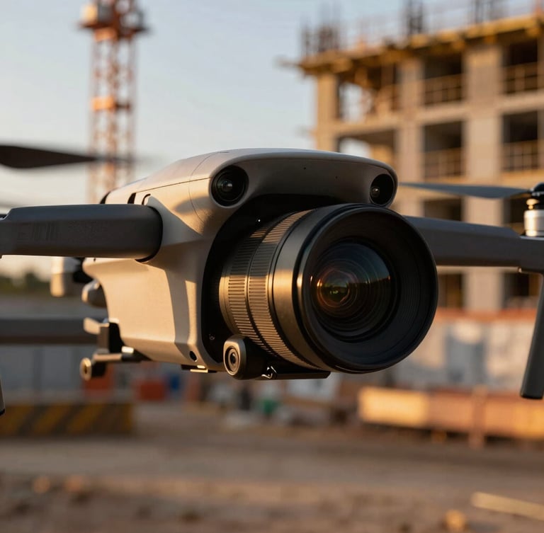 Close-up of a high-resolution camera lens on a drone, with a blurred background of a construction site, crisp studio lighting, deep contrast.