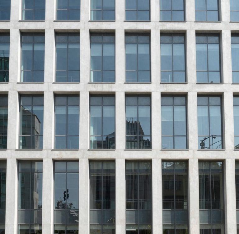 Symmetrical wide shot of a modern corporate building facade with clean glass panels, bright daylight, sterile architectural lines.