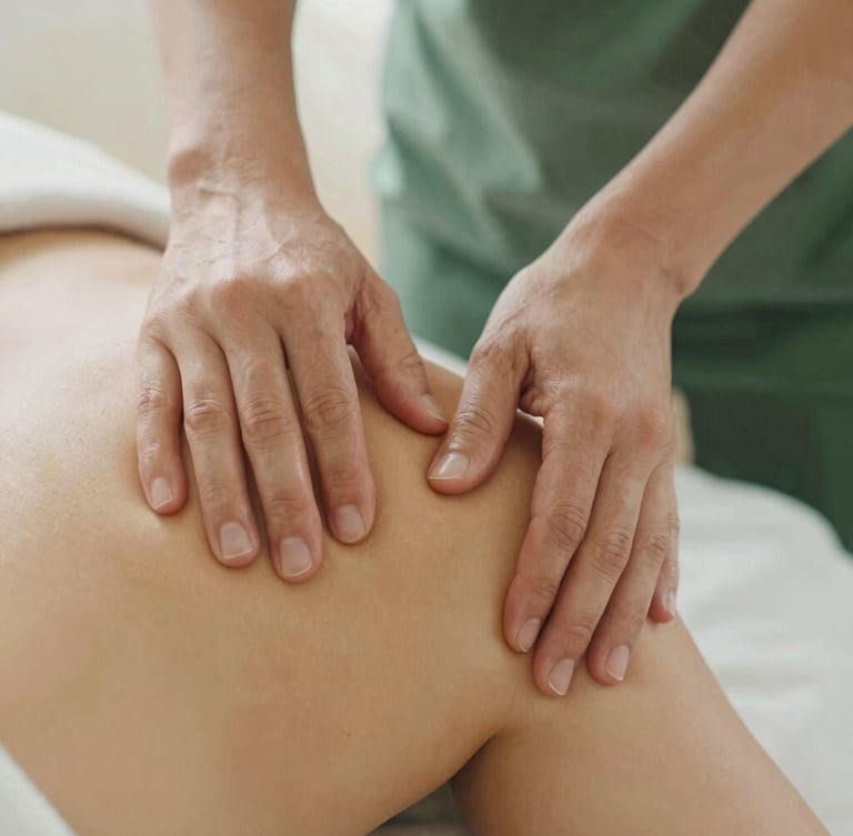 Close-up of therapeutic hands performing targeted massage on a shoulder, soft diffused daylight, warm wood tones, earthy forest green accents, shallow depth of field, 35mm