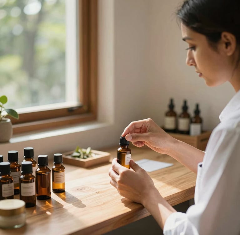 A professional therapist preparing local botanical oils in a clean, minimalist Dehradun studio, warm natural sunlight, shallow depth of field, 35mm