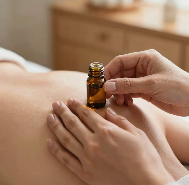 Macro close-up of therapist hands applying warm botanical oil to a shoulder, soft-lit treatment room, shallow depth of field, warm wood tones